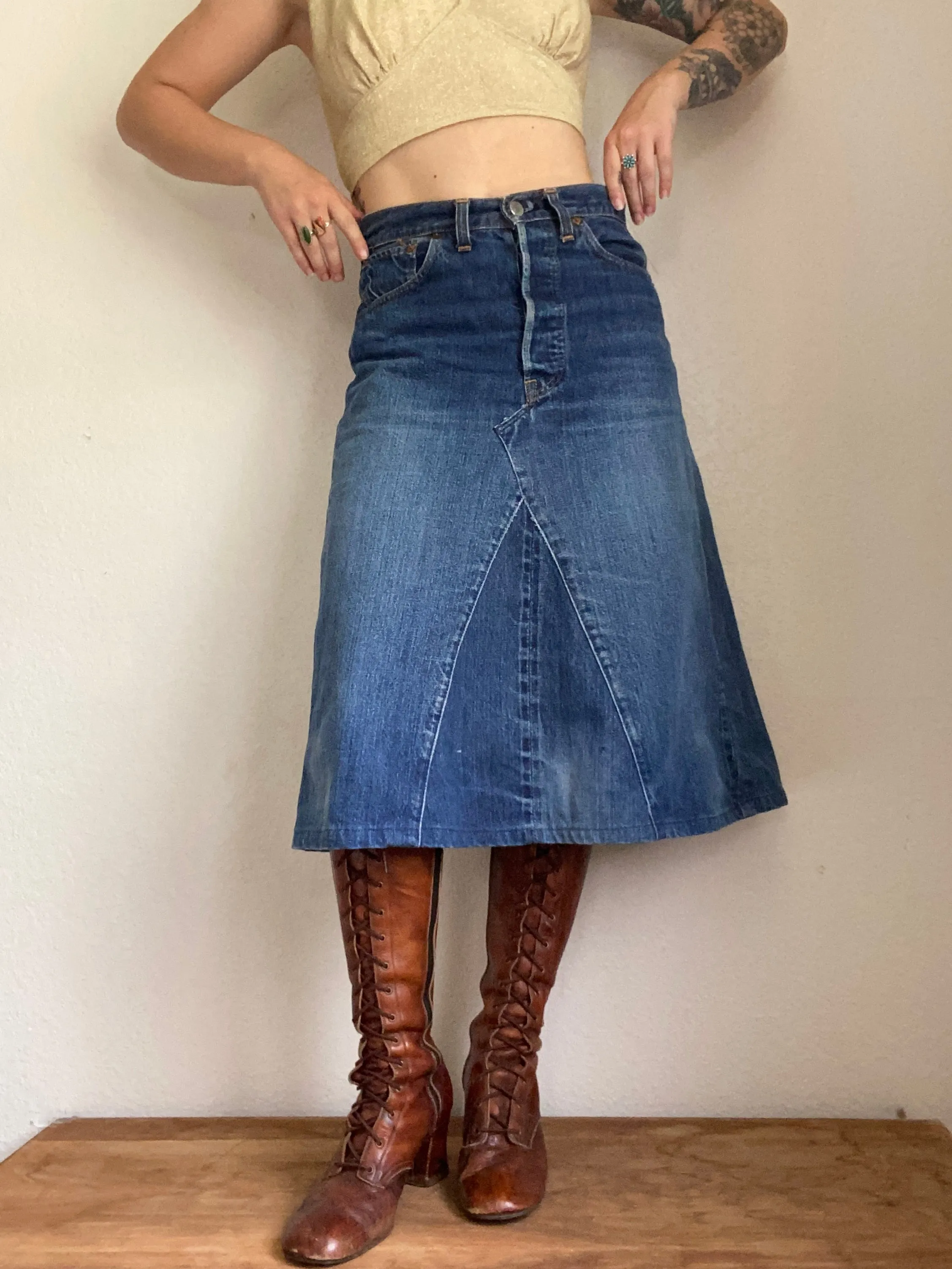 1960s Big E Levi’s Selvedge reconstructed denim skirt 28”