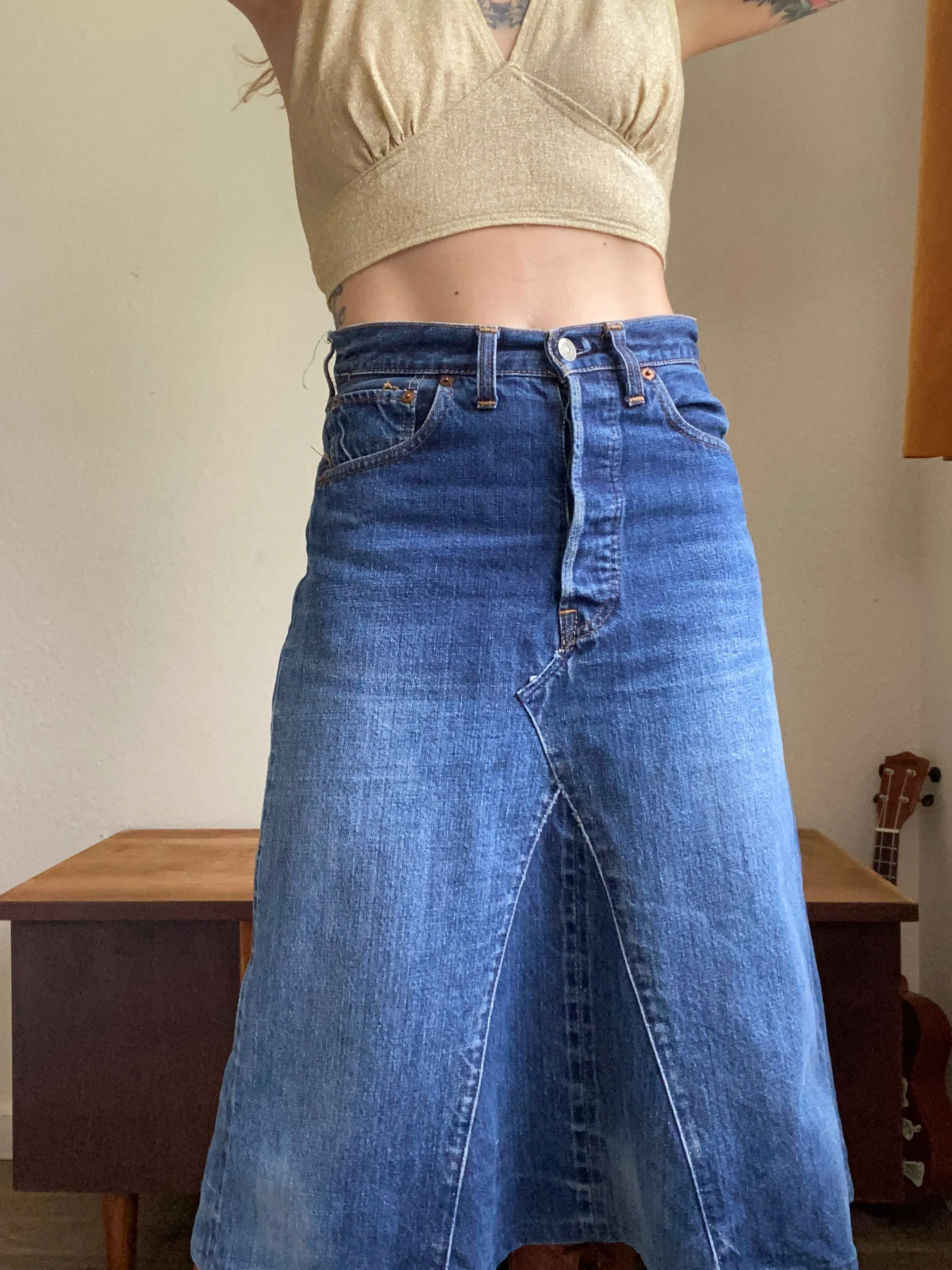 1960s Big E Levi’s Selvedge reconstructed denim skirt 28”