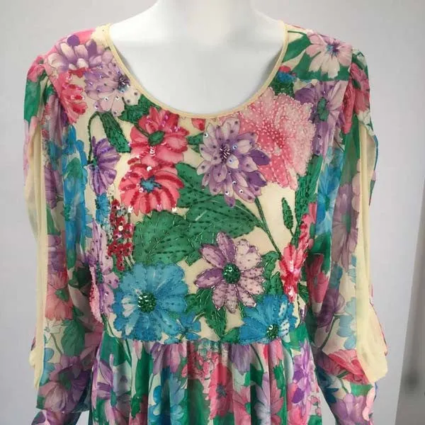 1980s Diane Freis Silk Long Sleeve Multicolor Floral Dress with Beadwork