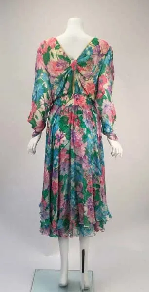 1980s Diane Freis Silk Long Sleeve Multicolor Floral Dress with Beadwork