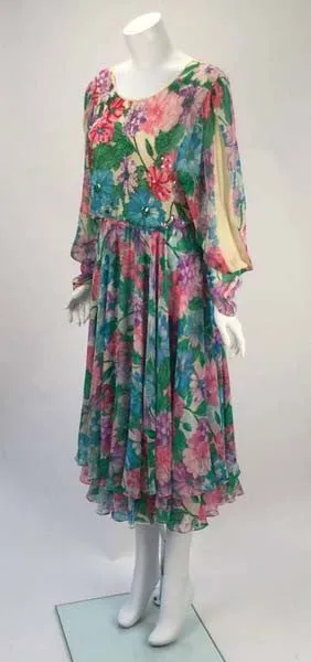 1980s Diane Freis Silk Long Sleeve Multicolor Floral Dress with Beadwork