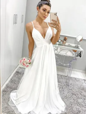 A Line V Neck Spaghetti Straps Backless White Prom, Backless White Formal Graduation Evening