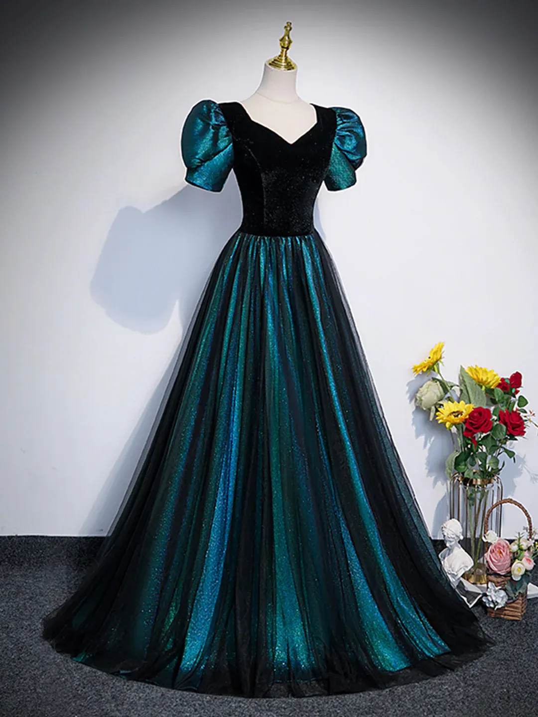 A-line Velvet and Tulle Long Prom Dress, Short Sleeve  Party Dress Formal Dress