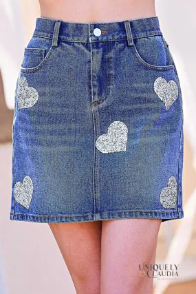 Abbey Sequined Hearts Denim Mini Skirt