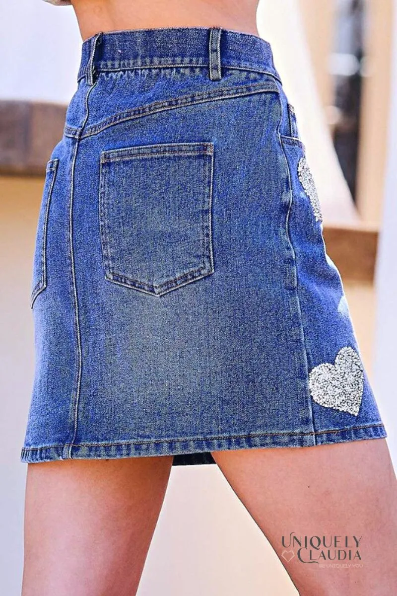 Abbey Sequined Hearts Denim Mini Skirt