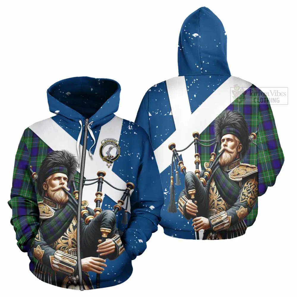 Alexander Tartan Hoodie with Family Crest Scottish Bagpiper Vibes