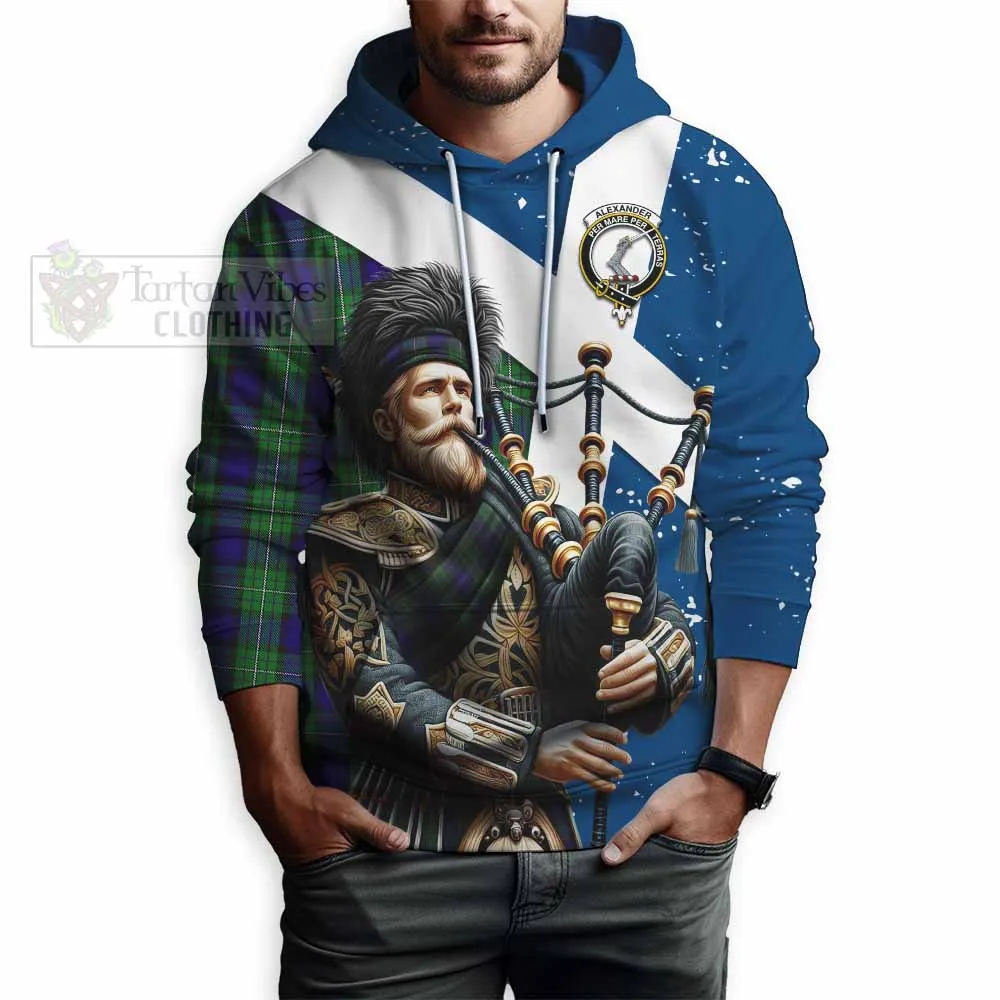 Alexander Tartan Hoodie with Family Crest Scottish Bagpiper Vibes