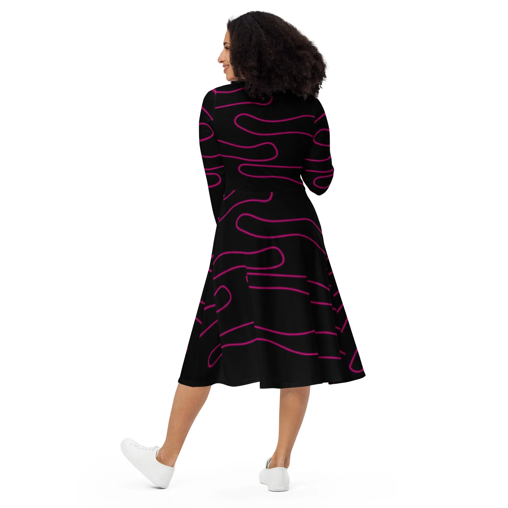 All-Over Print Long Sleeve Midi Dress With Pockets, Line Art Evening Black Dress Printed Gift Dress