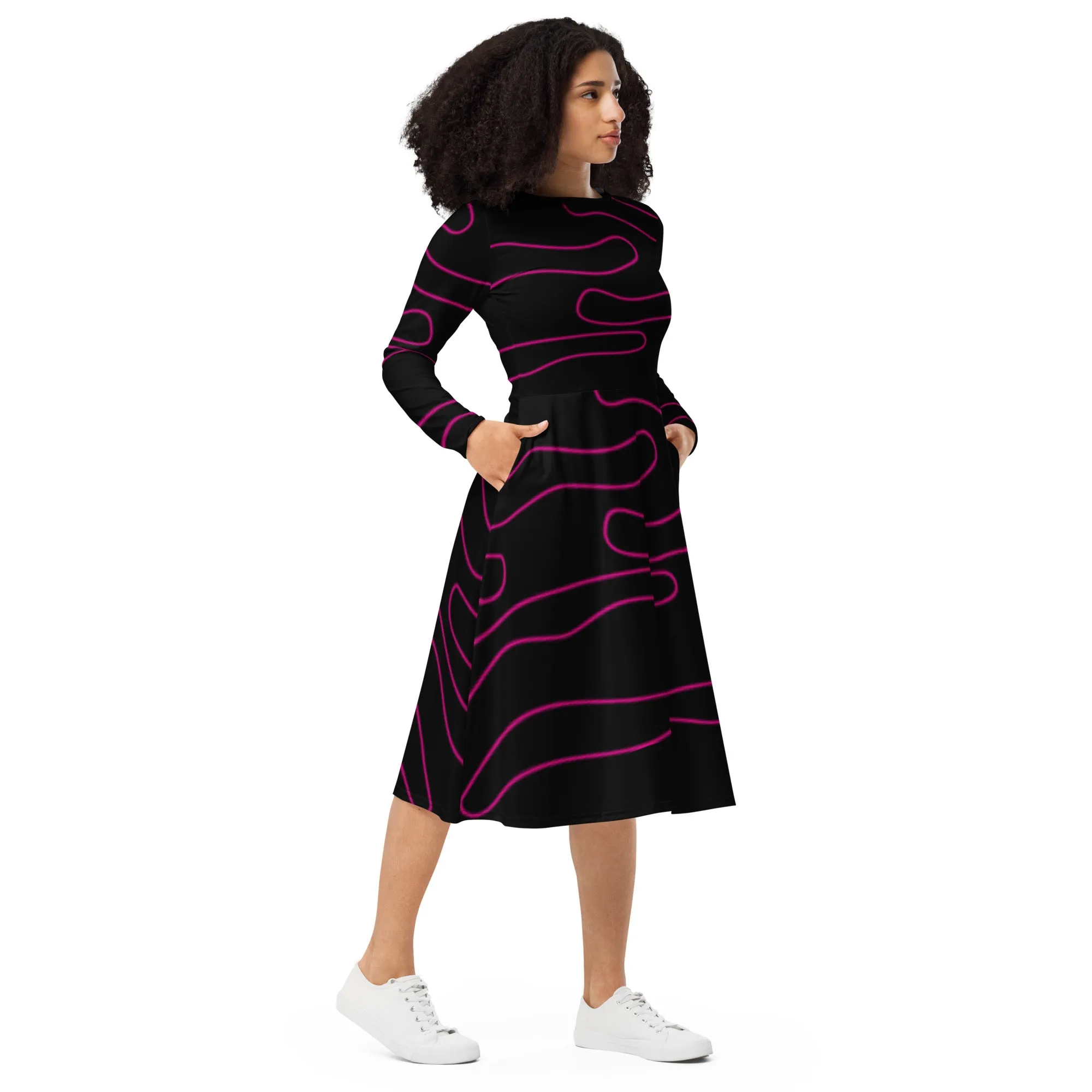 All-Over Print Long Sleeve Midi Dress With Pockets, Line Art Evening Black Dress Printed Gift Dress