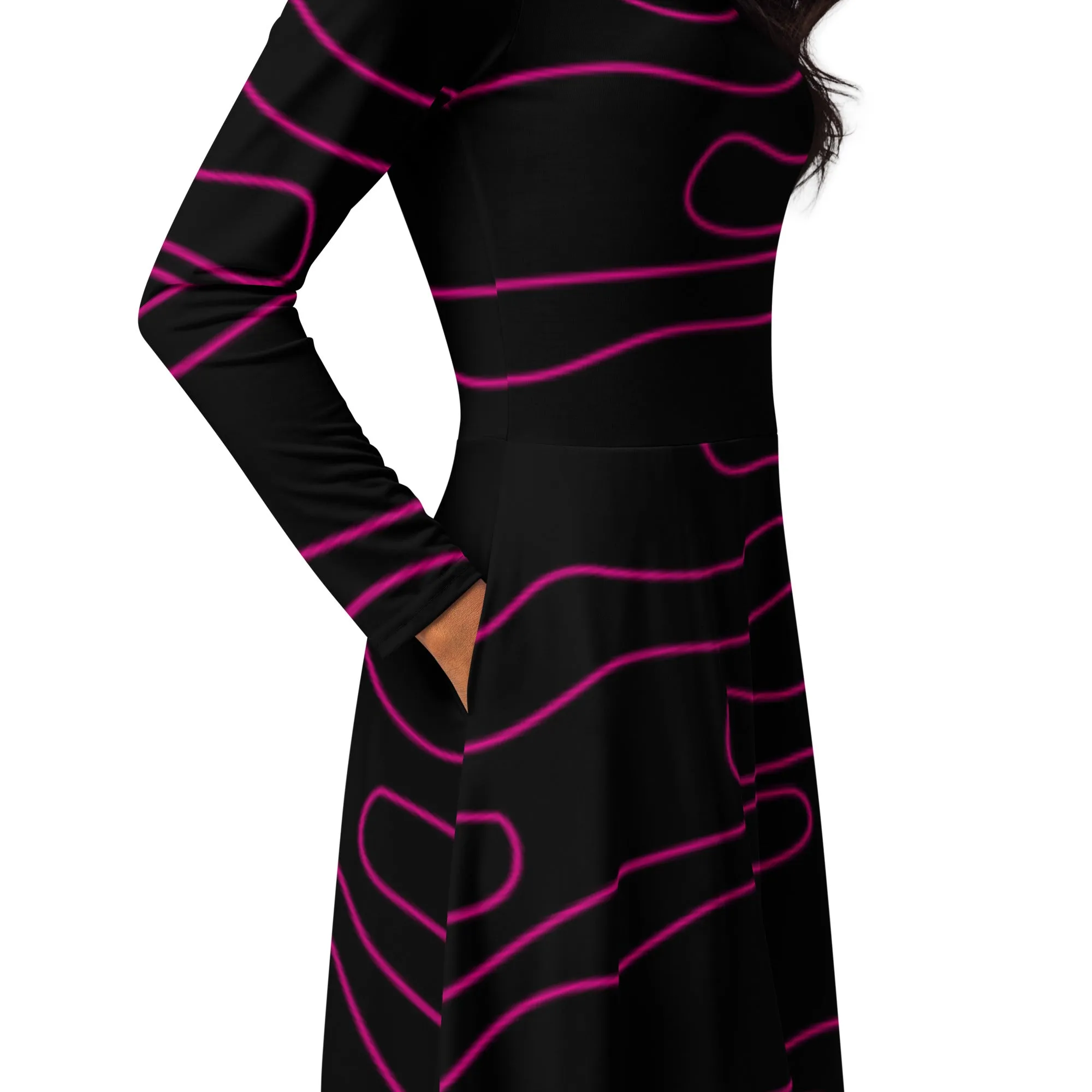 All-Over Print Long Sleeve Midi Dress With Pockets, Line Art Evening Black Dress Printed Gift Dress