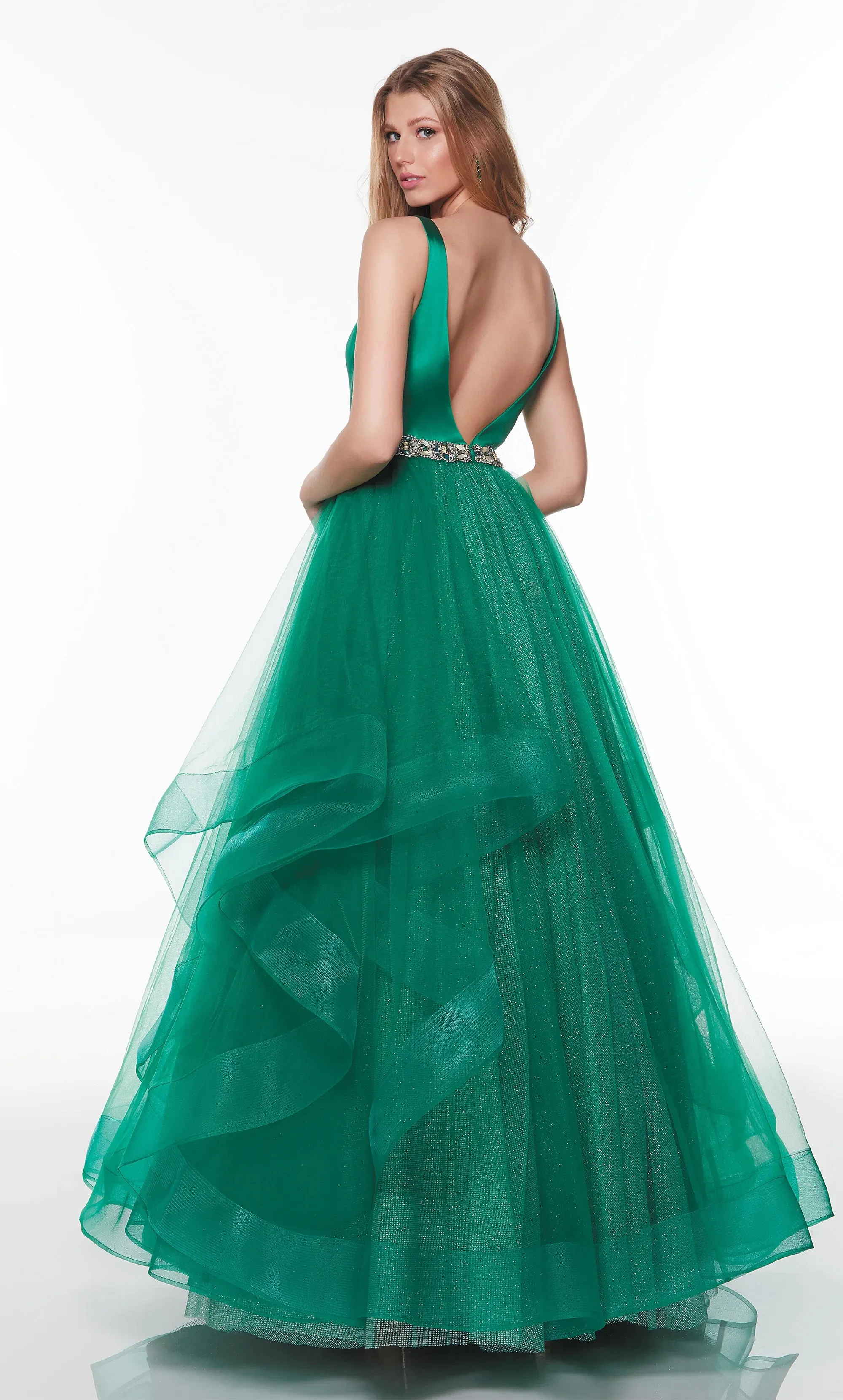 ALYCE PARIS 61284 Satin V-Neckline Layered Tulle Ballgown - Red or Emerald Green