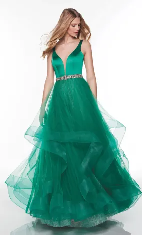 ALYCE PARIS 61284 Satin V-Neckline Layered Tulle Ballgown - Red or Emerald Green