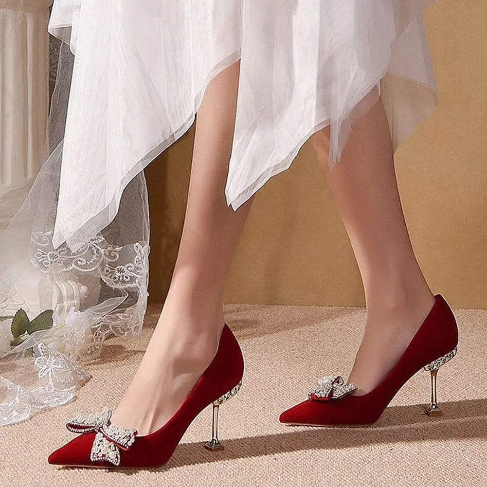 Amozae-Graduation Gift Big Sale   New Fashion Spring Summer Red   Pumps High Thin Heels Crystal Butterfly Knot Elegant Women Dress Party Office Weeding