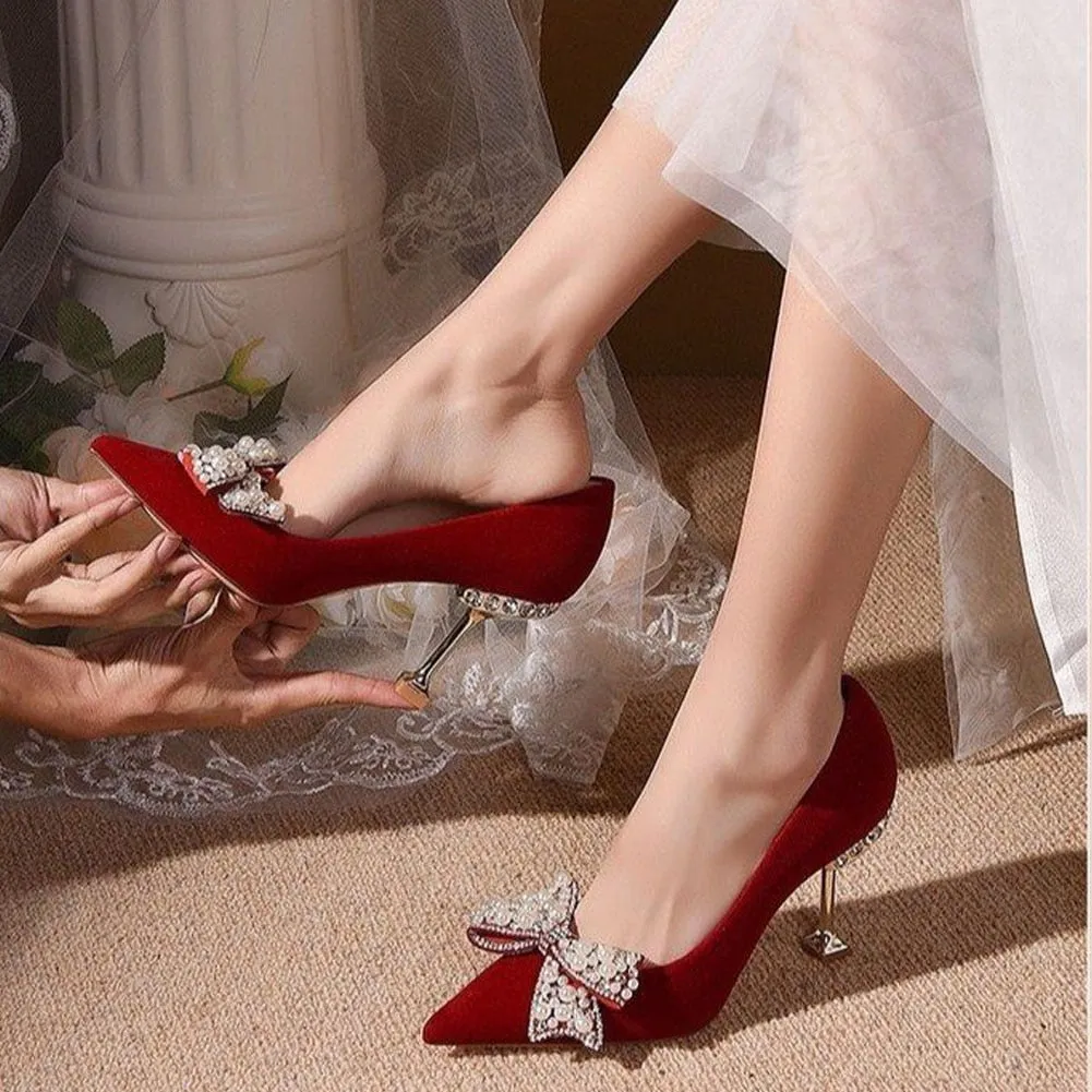 Amozae-Graduation Gift Big Sale   New Fashion Spring Summer Red   Pumps High Thin Heels Crystal Butterfly Knot Elegant Women Dress Party Office Weeding