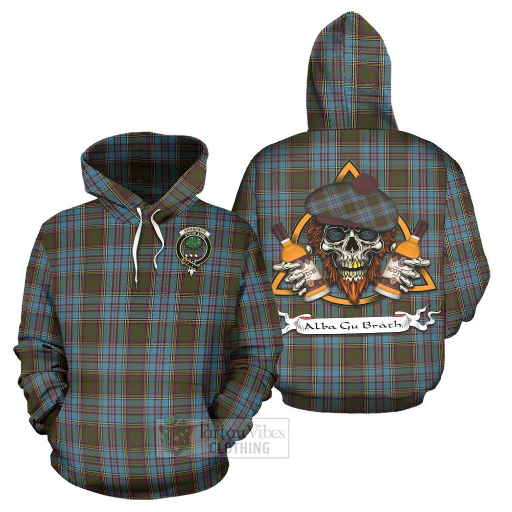 Anderson Tartan Hoodie with Family Crest and Bearded Skull Holding Bottles of Whiskey