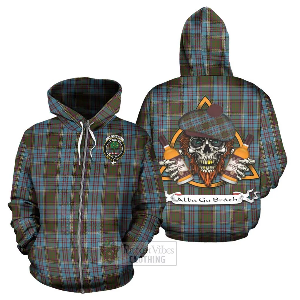 Anderson Tartan Hoodie with Family Crest and Bearded Skull Holding Bottles of Whiskey