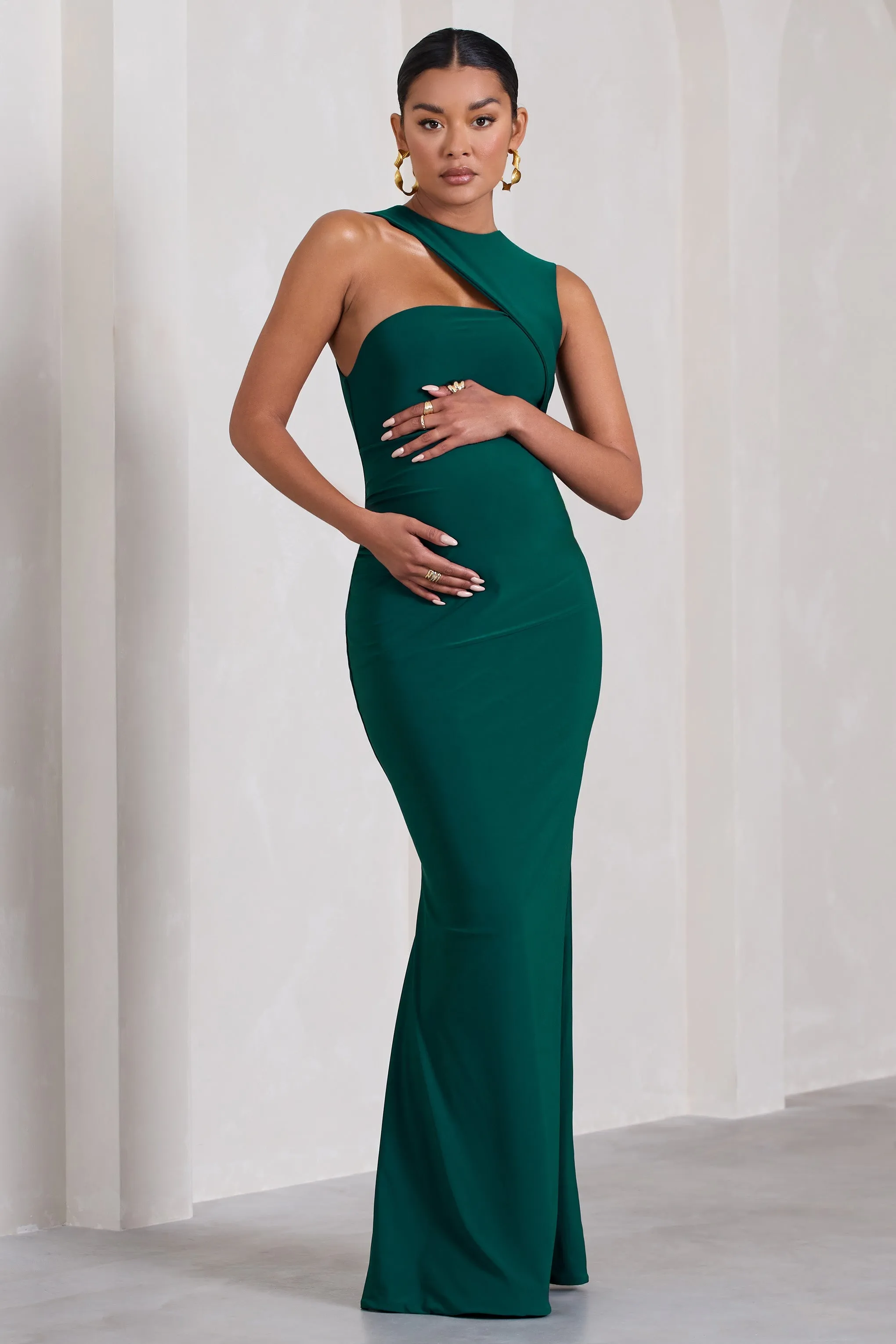 Angelic | Bottle Green High-Neck Cut-Out Maternity Maxi Dress