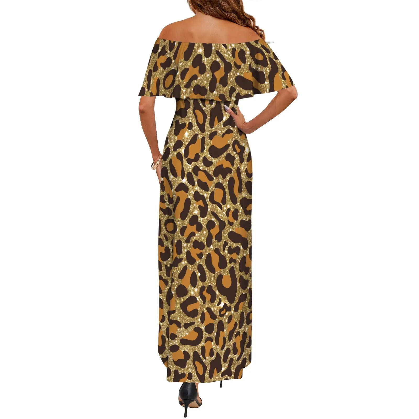 Animal print 5 Women's Off Shoulder Ruffle Boat Neck Dress (Model D71)