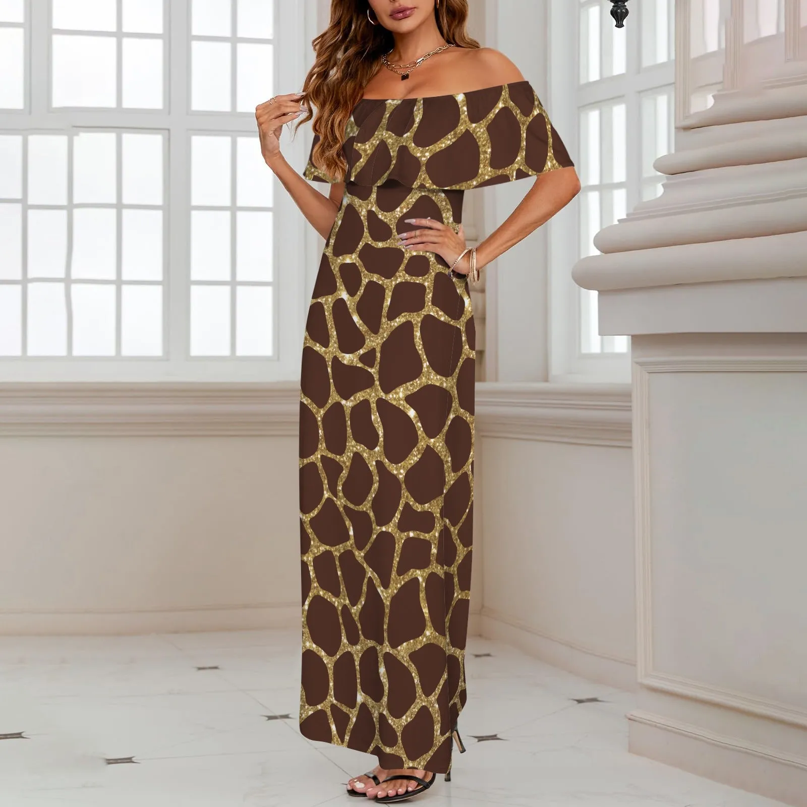 Animal print 6 Women's Off Shoulder Ruffle Boat Neck Dress (Model D71)