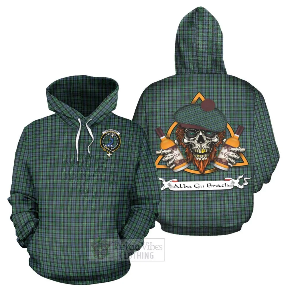 Arbuthnot Tartan Hoodie with Family Crest and Bearded Skull Holding Bottles of Whiskey