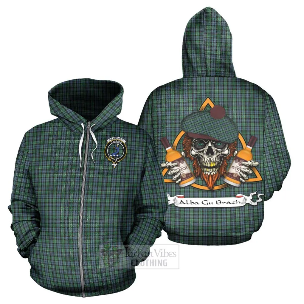 Arbuthnot Tartan Hoodie with Family Crest and Bearded Skull Holding Bottles of Whiskey