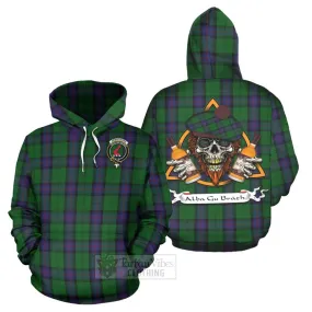 Armstrong Tartan Hoodie with Family Crest and Bearded Skull Holding Bottles of Whiskey