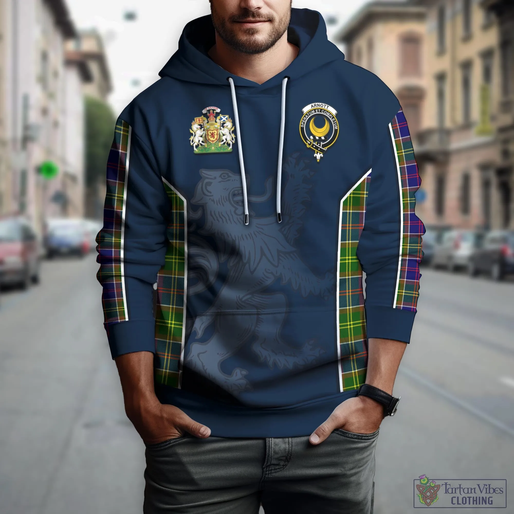 Arnott Tartan Hoodie with Family Crest and Lion Rampant Vibes Sport Style