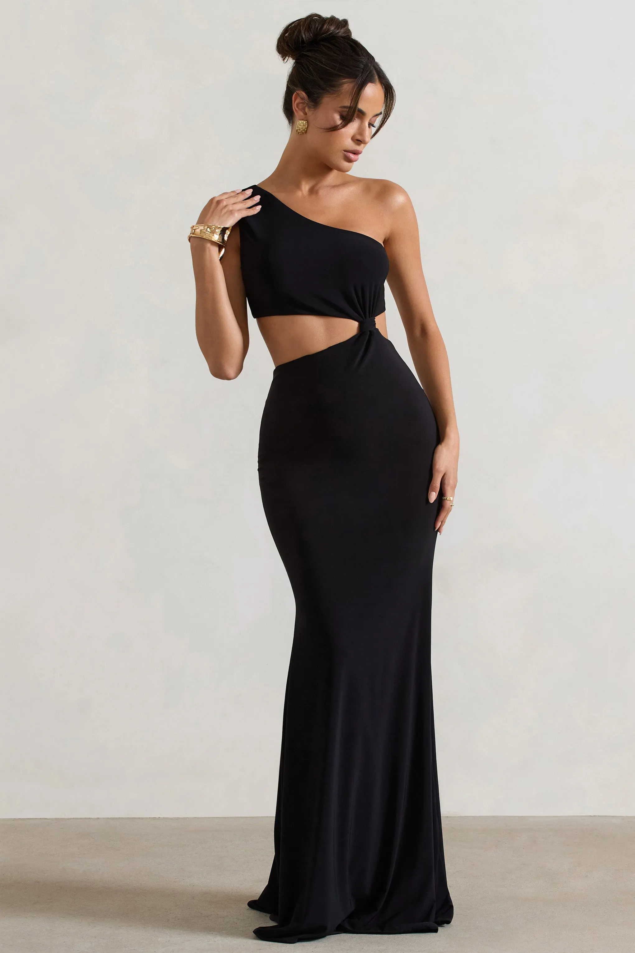 Aspyn | Black Asymmetric Twisted Cut-Out Fishtail Maxi Dress