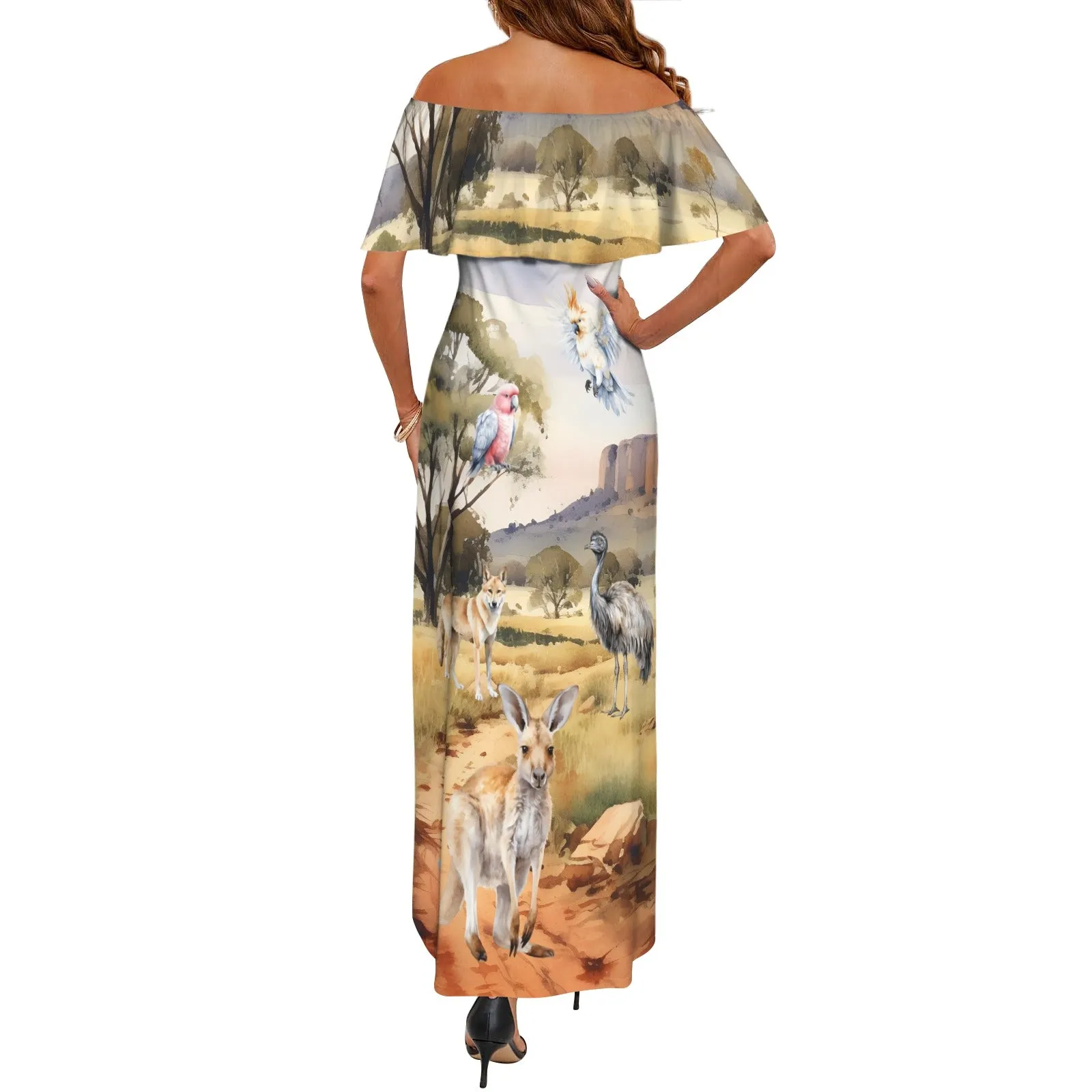 Australian Scene Uluru Ayers Rock Women's Off Shoulder Ruffle Boat Neck Dress (Model D71)