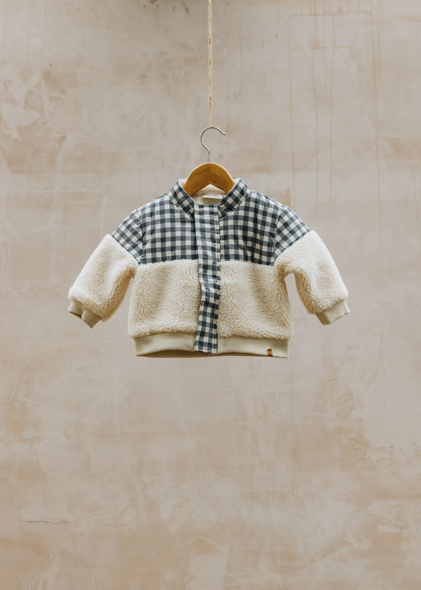 Babies' Loose Sherpa Jacket in Sandshell with Blue Checks