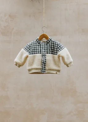 Babies' Loose Sherpa Jacket in Sandshell with Blue Checks