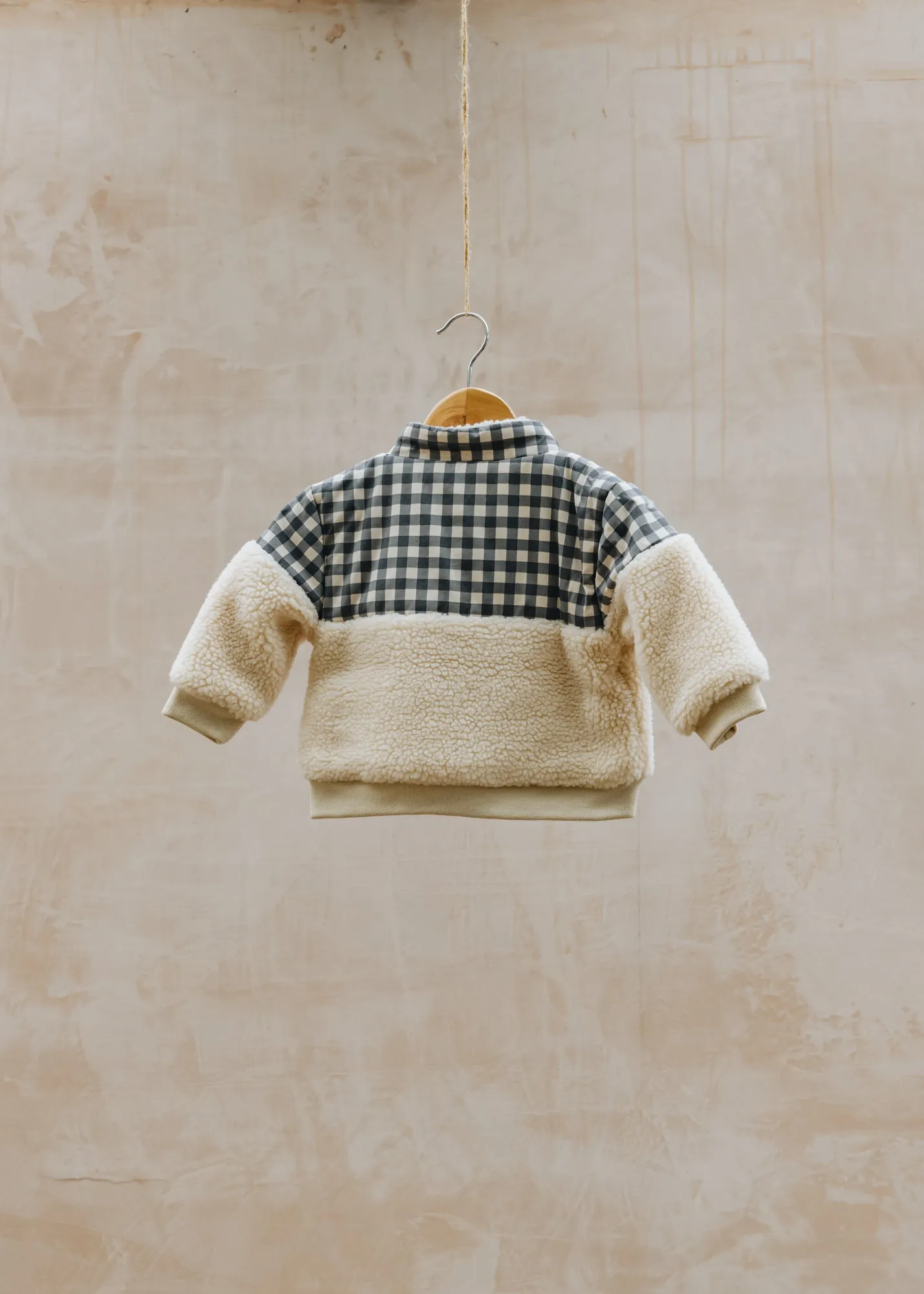 Babies' Loose Sherpa Jacket in Sandshell with Blue Checks