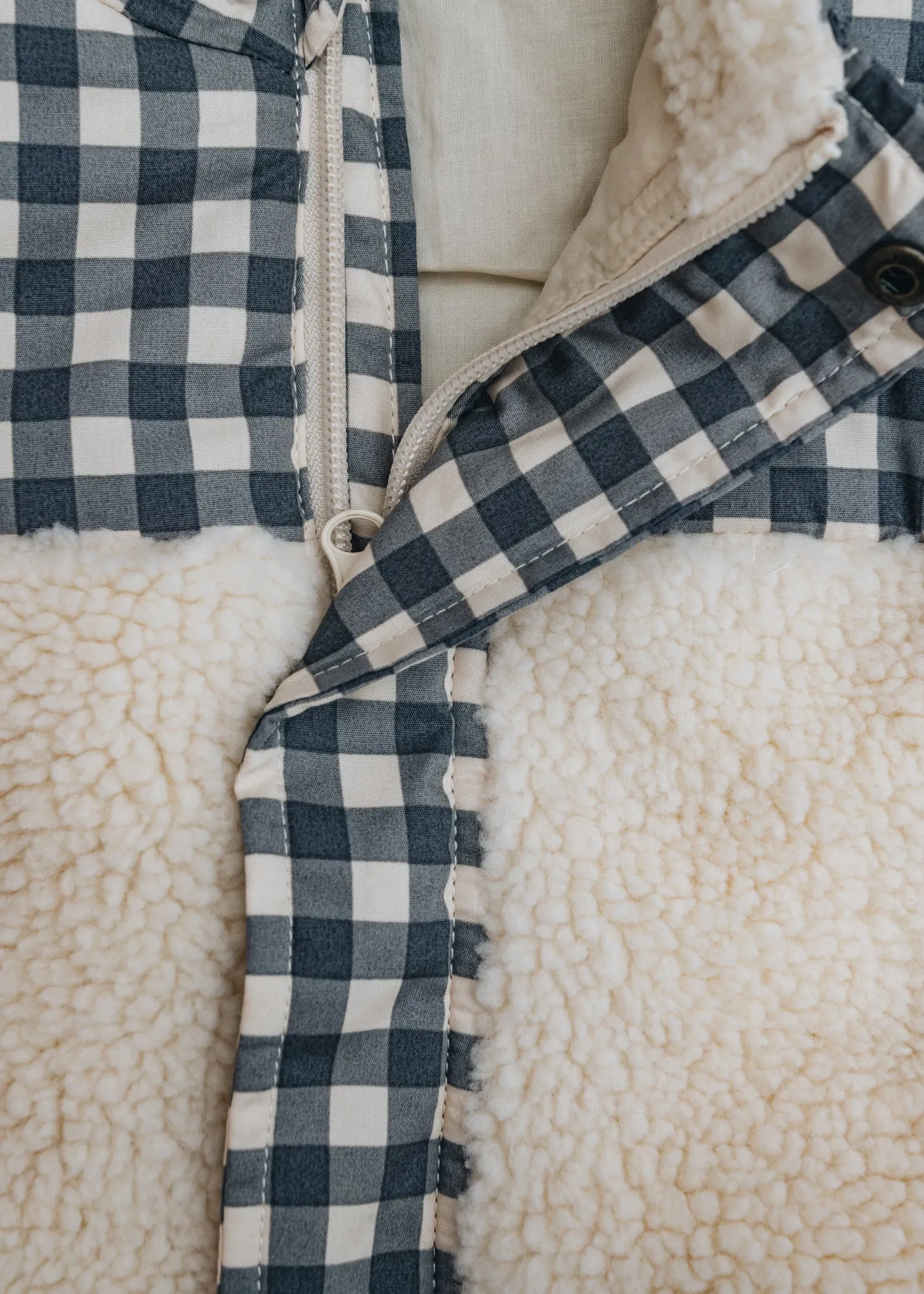 Babies' Loose Sherpa Jacket in Sandshell with Blue Checks