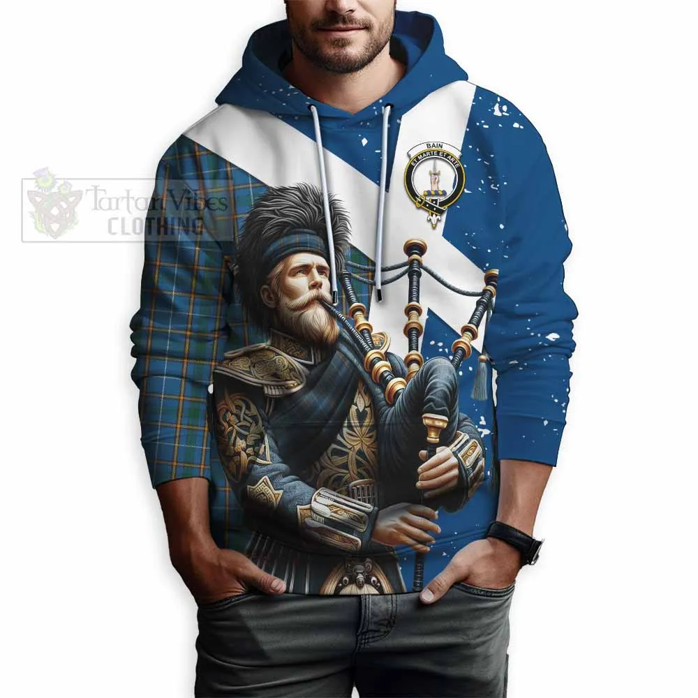 Bain Tartan Hoodie with Family Crest Scottish Bagpiper Vibes