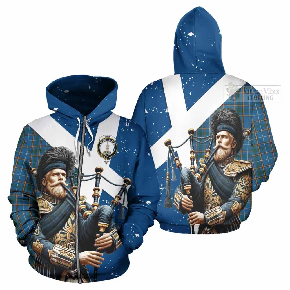 Bain Tartan Hoodie with Family Crest Scottish Bagpiper Vibes