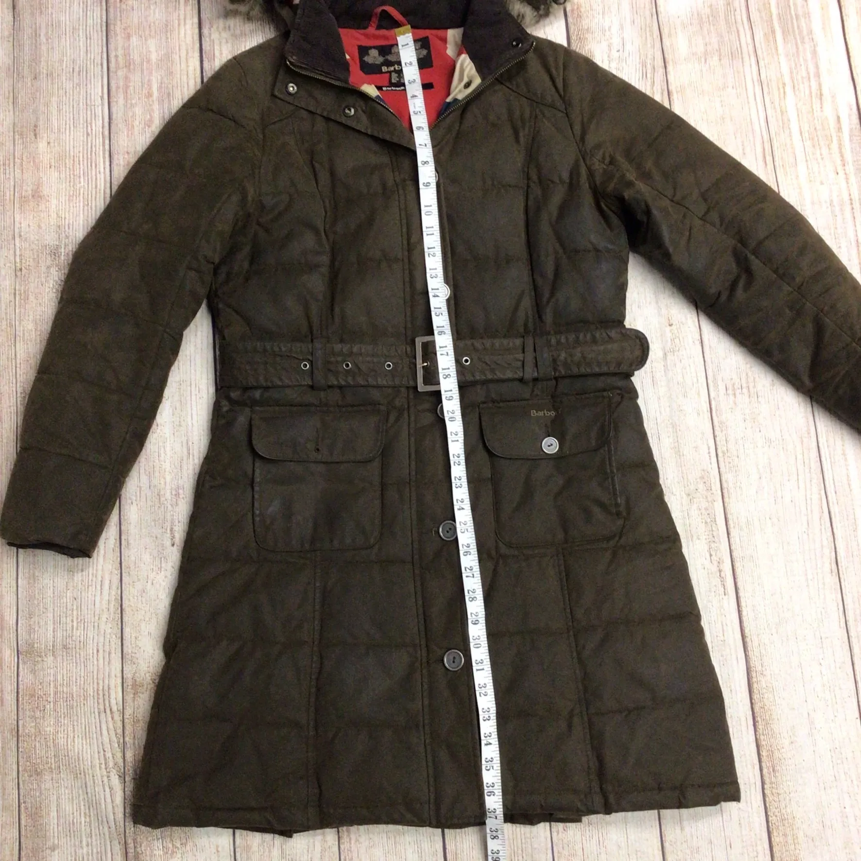 Barbour Brown Long Puffer Fibredown Wax Jacket Size 12