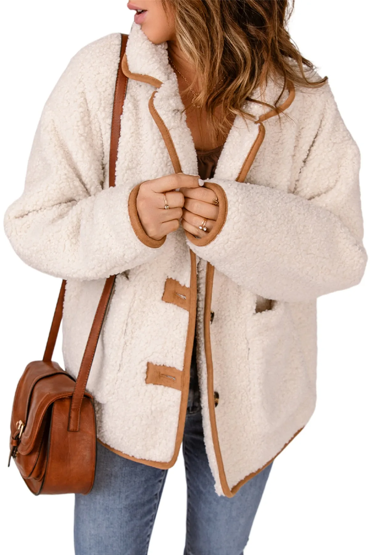 Beige Contrast Binding Buttoned Sherpa Jacket