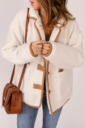 Beige Contrast Binding Buttoned Sherpa Jacket