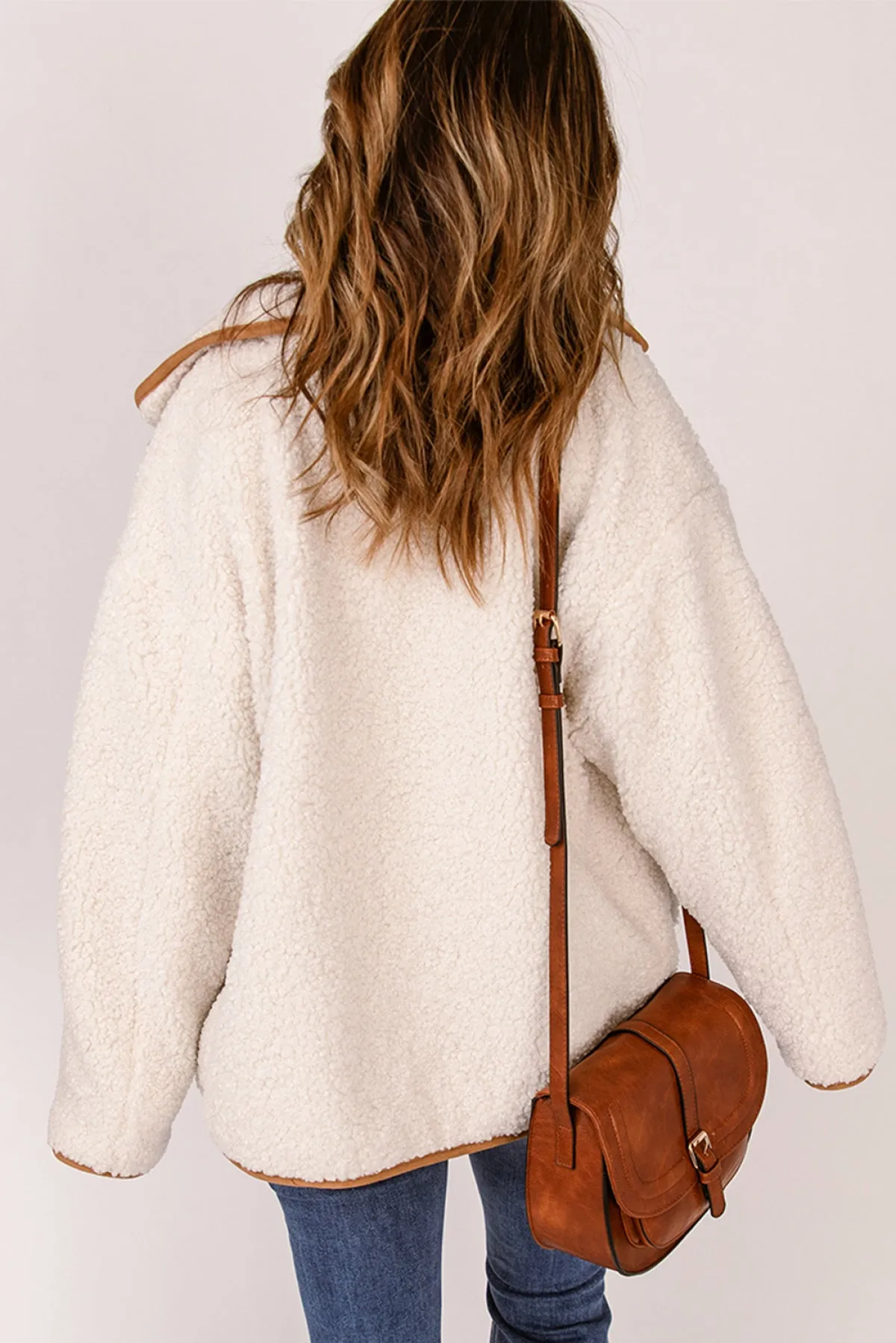 Beige Contrast Binding Buttoned Sherpa Jacket