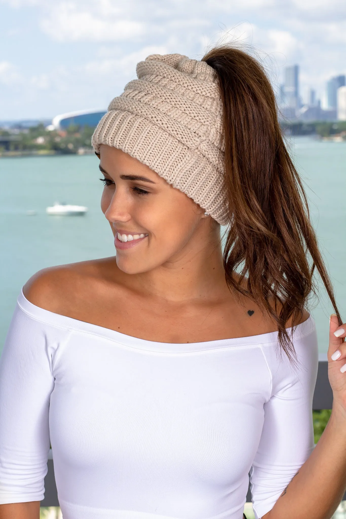 Beige Ponytail Knit Beanie