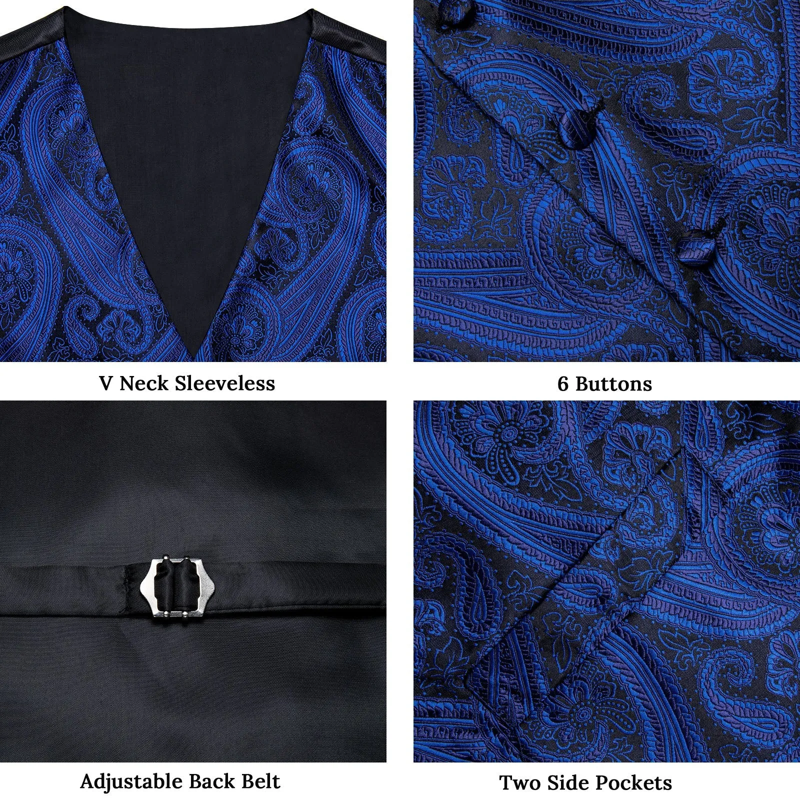 Black Royal Blue Paisley Silk Men's Vest Hanky Cufflinks Tie Set