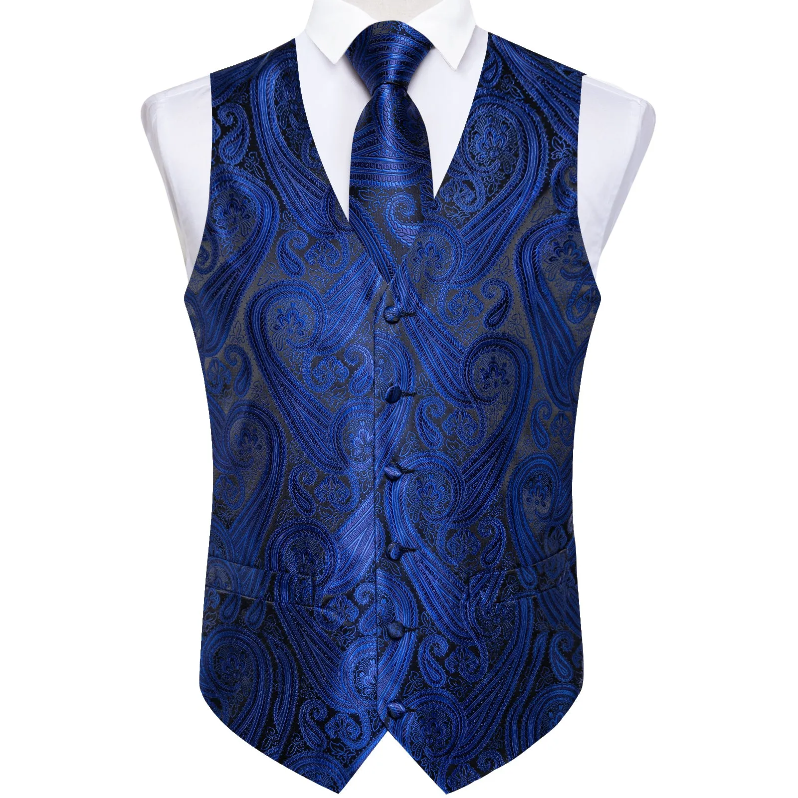 Black Royal Blue Paisley Silk Men's Vest Hanky Cufflinks Tie Set