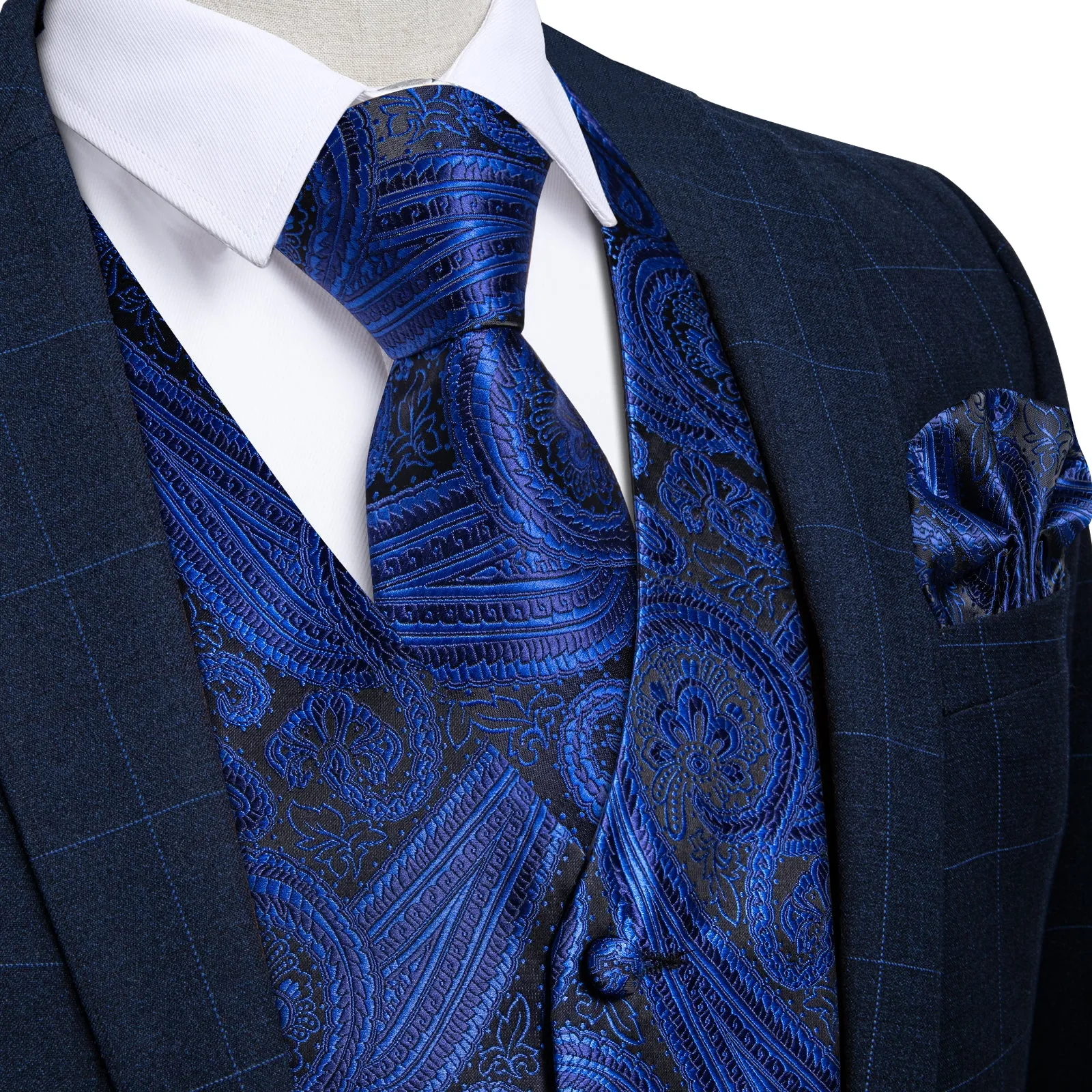 Black Royal Blue Paisley Silk Men's Vest Hanky Cufflinks Tie Set