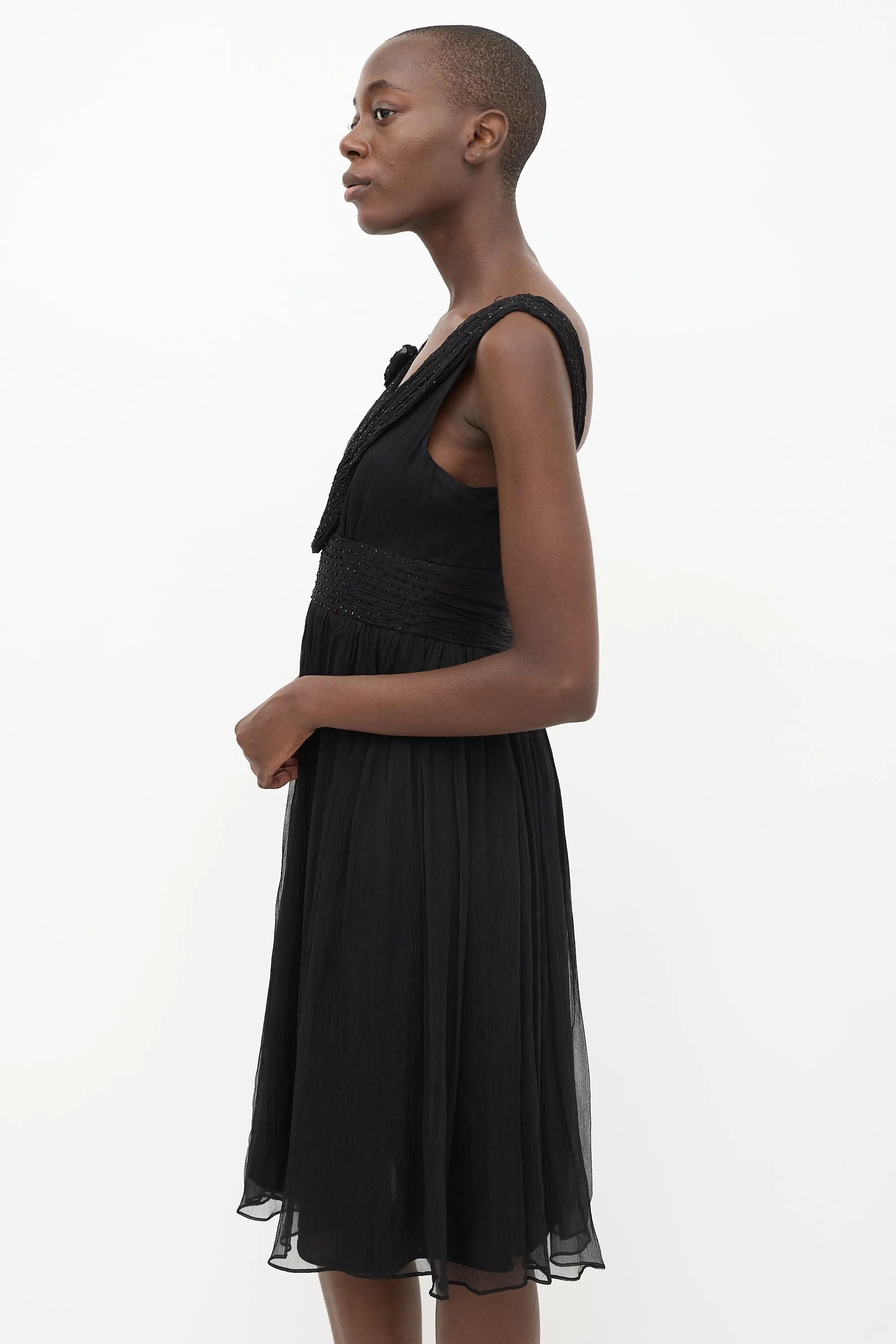 Black Silk Beaded Pleated Dress