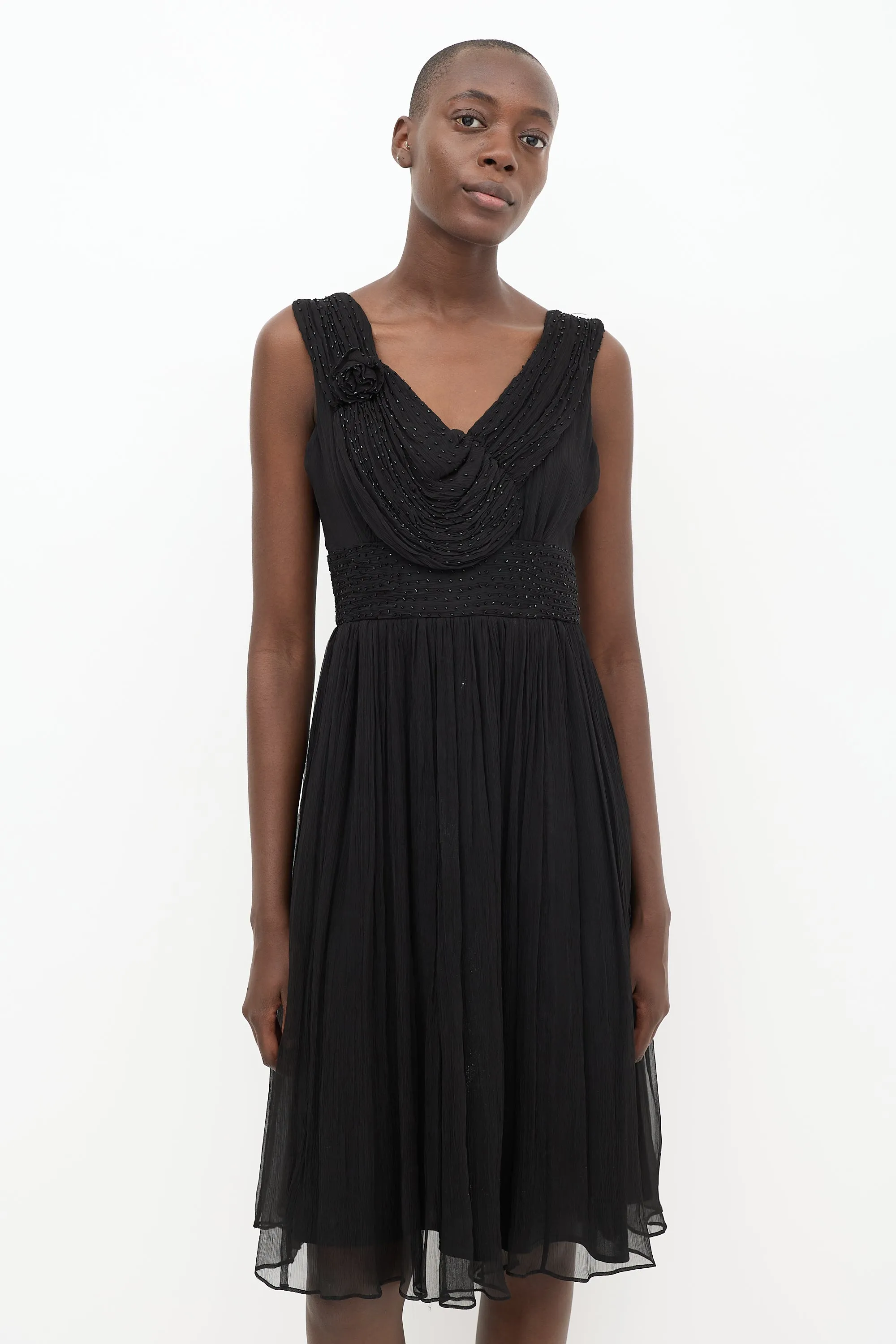 Black Silk Beaded Pleated Dress