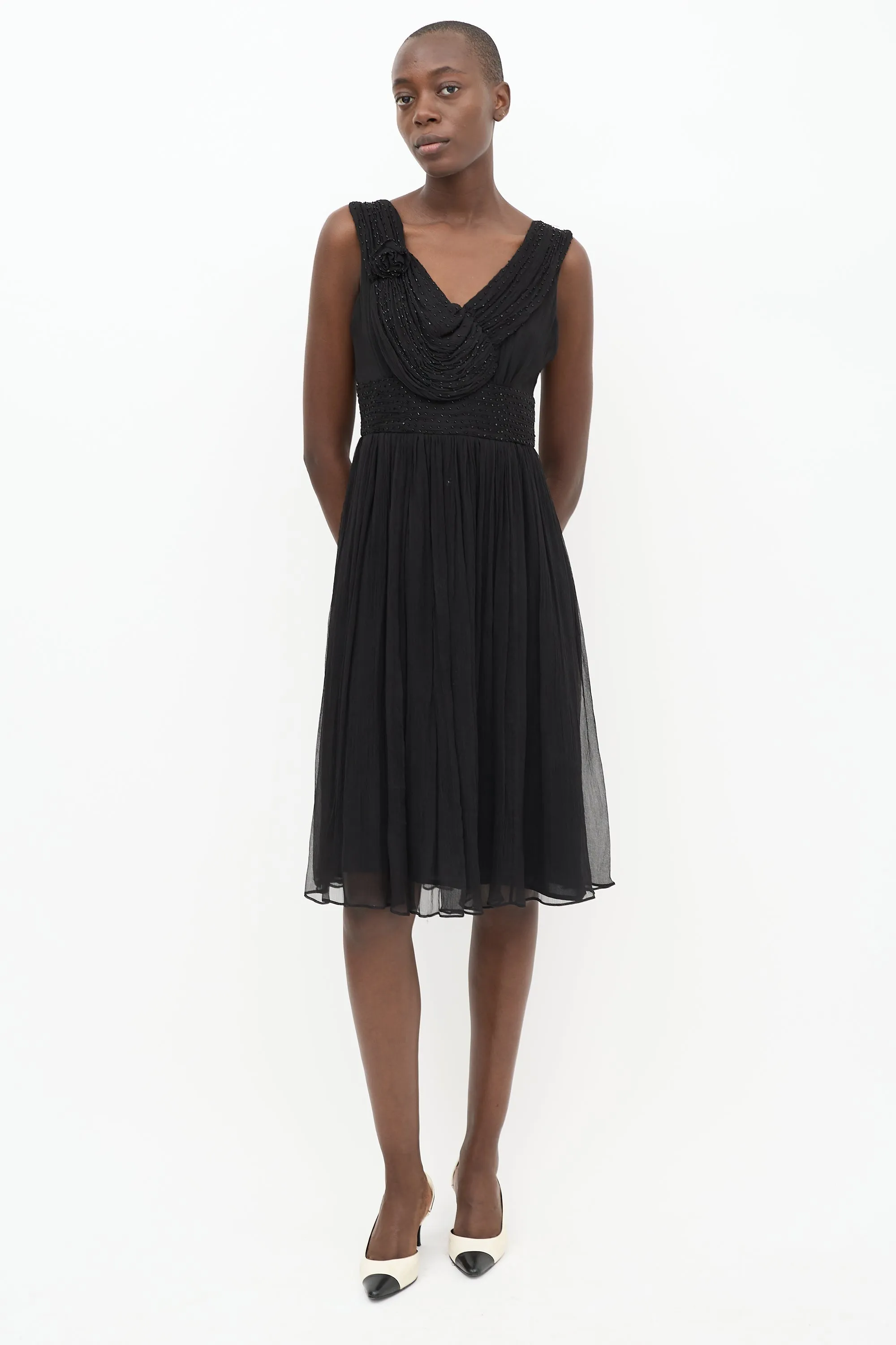 Black Silk Beaded Pleated Dress