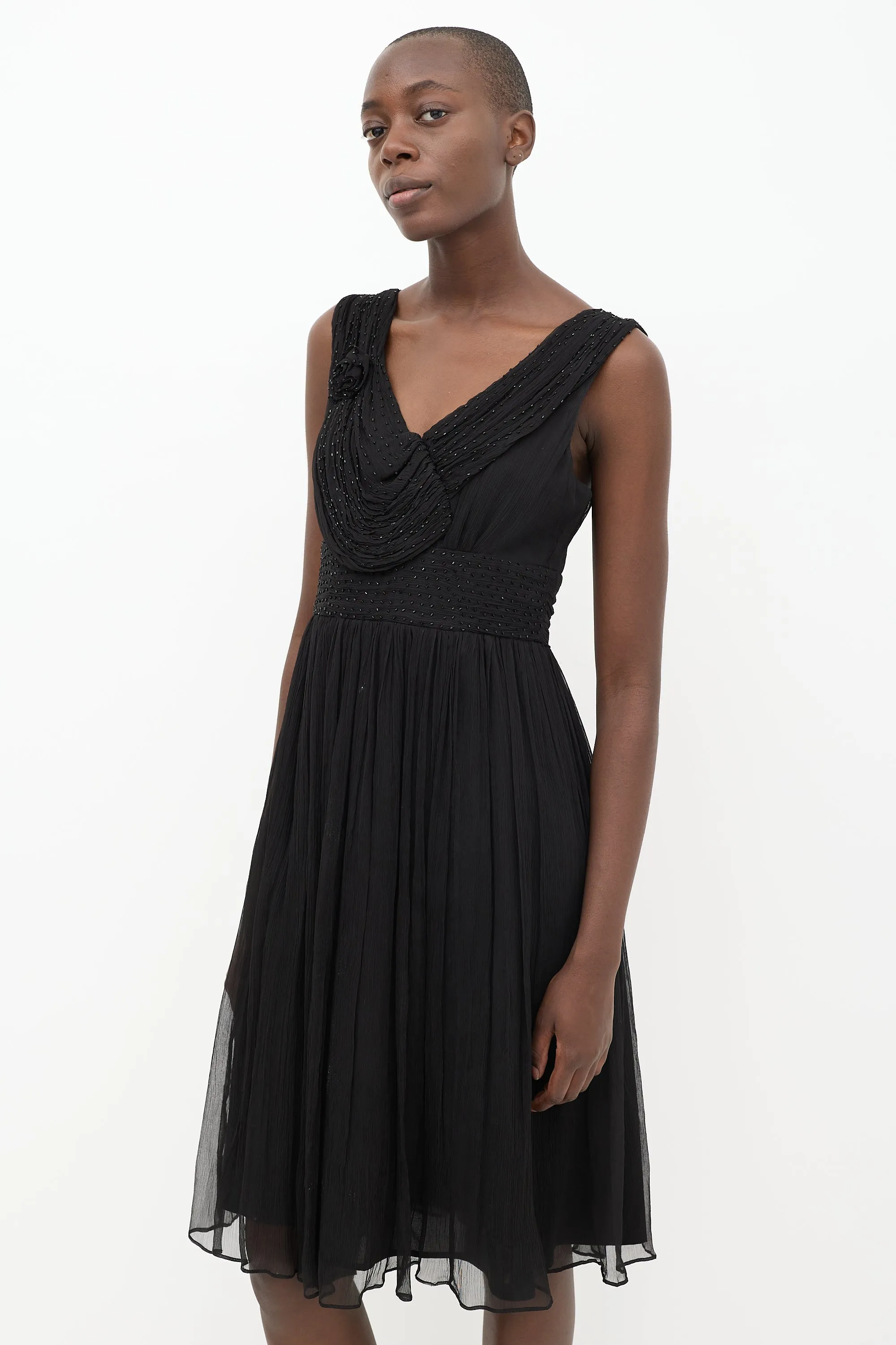 Black Silk Beaded Pleated Dress