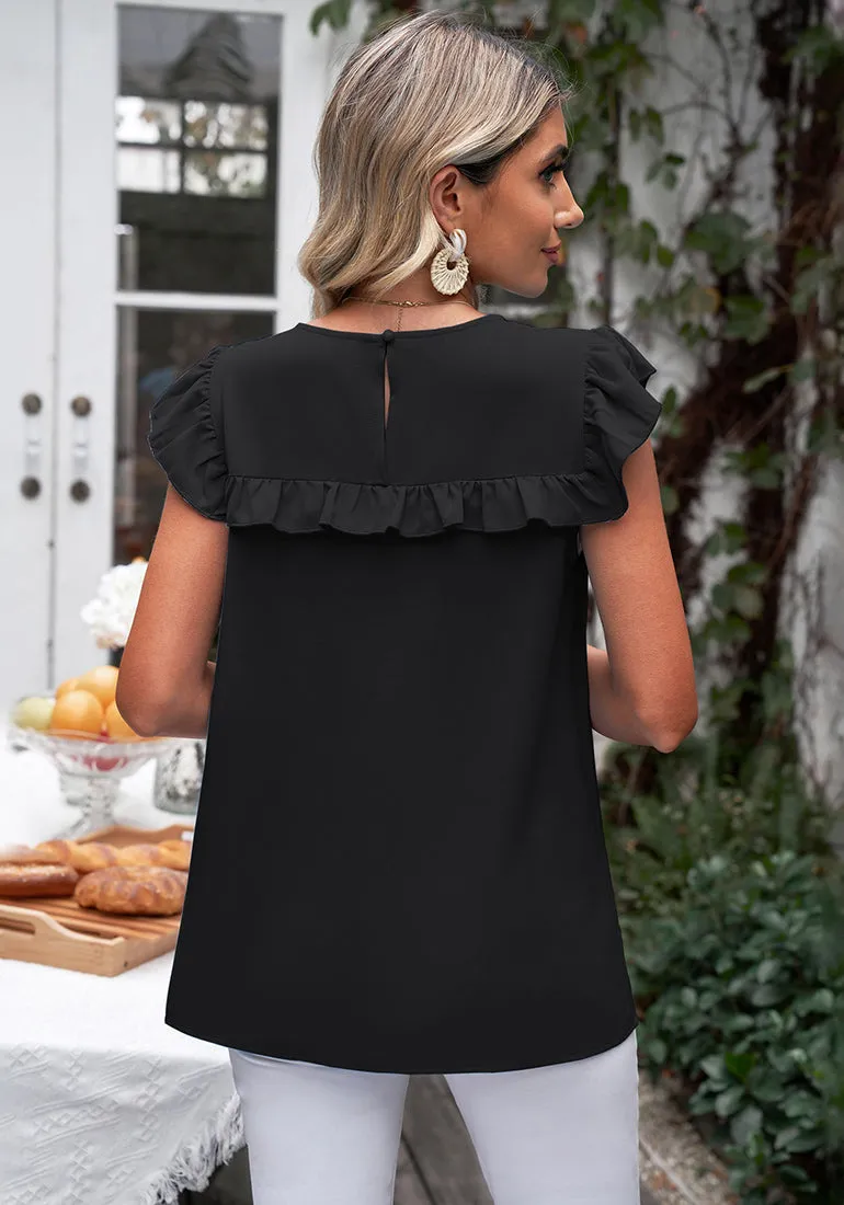 Black Sleeveless Blouses for Women Dressy Casual Ruffles Cap Sleeves Flowy Tank Tops Work Office