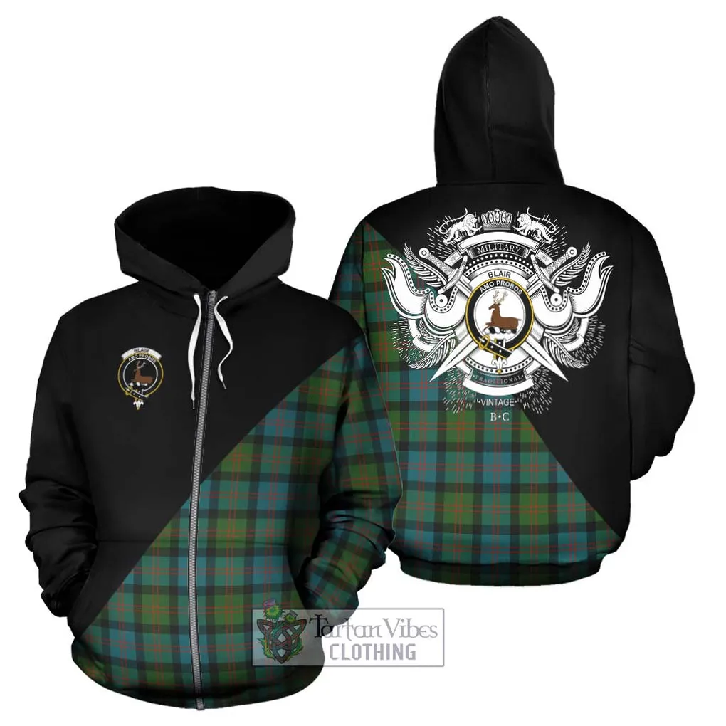 Blair Ancient Tartan Hoodie with Family Crest and Military Logo Style