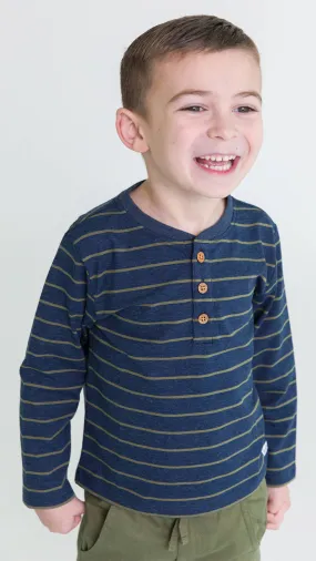 Boys Dusty Olive Stripe Knit Long Sleeve Henley Tee